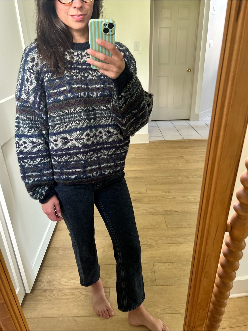 Vintage Navy Fair Isle Crewneck Sweater with Cream & Brown Accents
